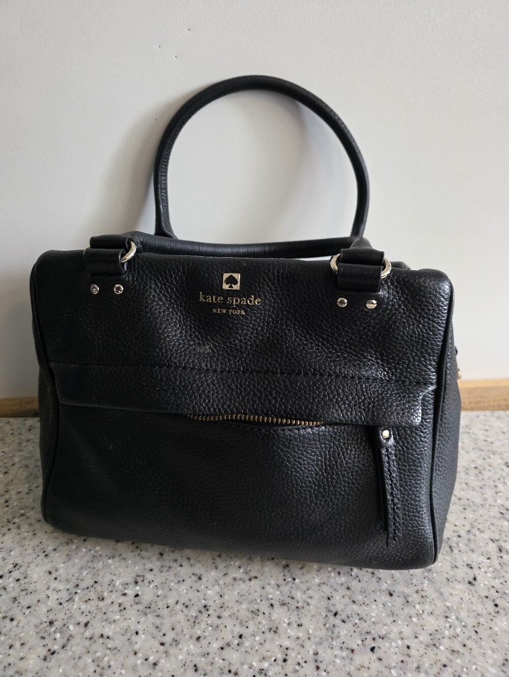 kate spade Black Pebbled Leather Top-Handle Satchel with Gold Accents